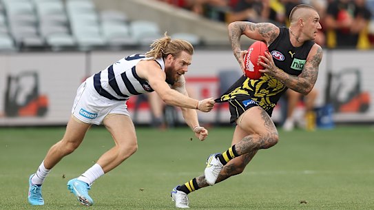 Dustin Martin was back in action for the Tigers on Saturday against Geelong.