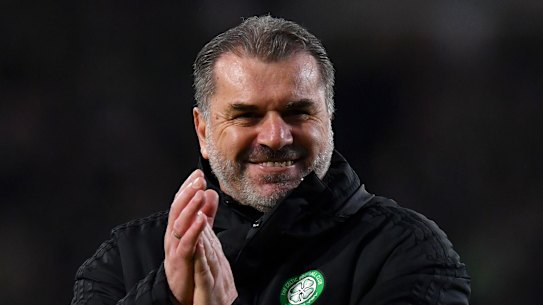 Ange Postecoglou celebrates his first Old Firm derby win with Celtic.