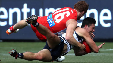 Chasedown: Gary Rohan makes a tackle at Geelong Stadium.