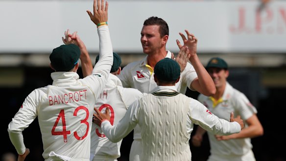 Australia's Josh Hazlewood bowled England's captain Joe Root lbw.
