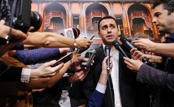 Five Star Movement leader Luigi Di Maio meets reporters at the Italian parliament.