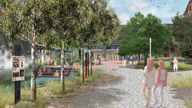 An artist’s impression of the entrance to the University of Melbourne’s new student precinct. The “eel pond” is on the left and where the Bouverie Street creek once flowed. 