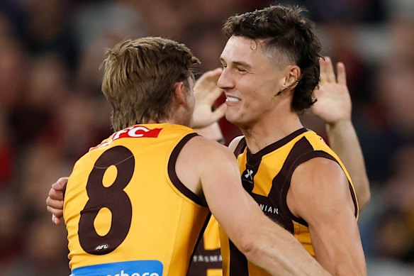 Dylan Moore (left) and Connor Macdonald of the Hawks celebrate a goal.