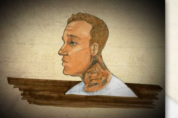 Court sketch of Newport man Rian Farrell, 22, at the Melbourne Magistrates Court on Monday.
