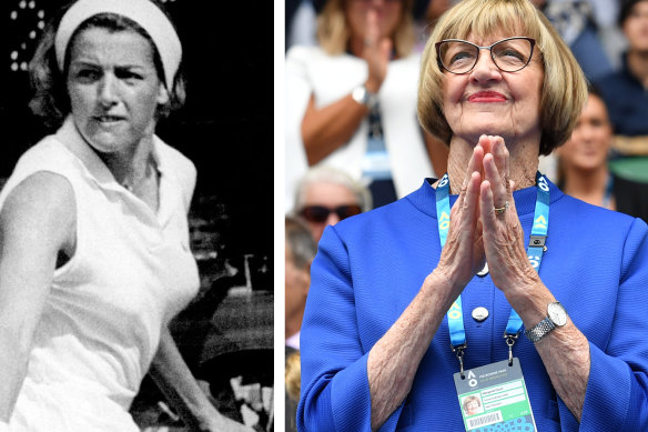 Margaret Court in 1969, left, and in recent times.