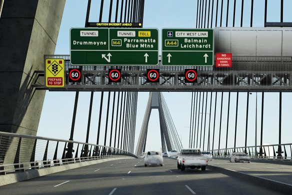 A render of the digital speed signs in operation on the Anzac Bridge.