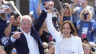 Kamala Harris campaigns with running mate Tim Walz at a rally in Eau Claire, Wisconsin.
