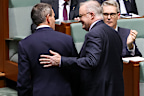 Treasurer Jim Chalmers and Prime Minister Anthony Albanese celebrate as their tax bill passes into law.