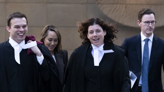 Heston Russell’s legal team including barrister Sue Chrysanthou, SC, centre, outside the Federal Court in Sydney on Monday.