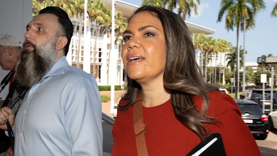 Jacinta Price outside court in Darwin on the first day of the Federal Court defamation trial against her.