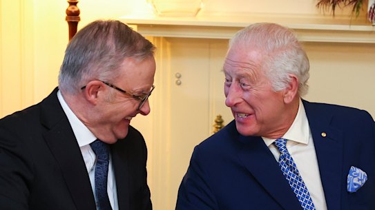 Anthony Albanese shares a joke with King Charles at Parliament House last October. 