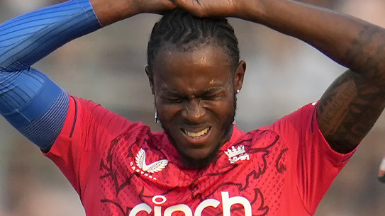Jofra Archer winces during a T20 match for England against Bangladesh in March.