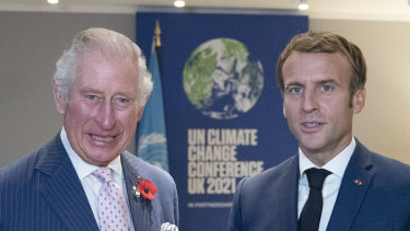 Prince Charles, Prince of Wales meets President of France Emmanuel Macron ahead of their bilateral meeting during the Cop26 summit.