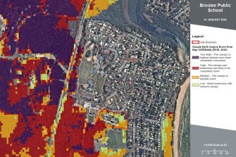 Broulee Public School: The black areas indicate tree canopies that were completely consumed, the red areas indicate tree canopies that were likely completely consumed and the orange areas indicate tree canopies that were partially burnt.