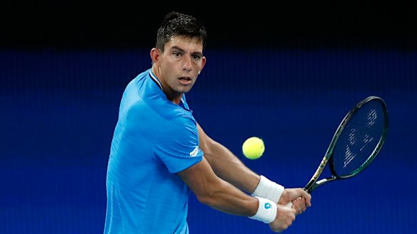 Michail Pervolarakis of Greece during an ATP Tour match against Pablo Carreno Busta of Spain on February 5. 