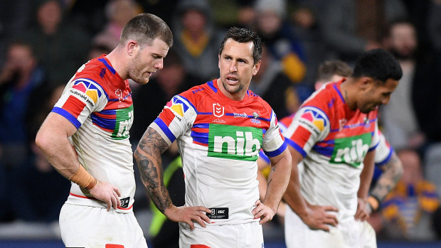 Mitchell Pearce, centre,  said the Knights had let themselves down, while Lachlan Fitzgibbon, left,  was in tears after the match.