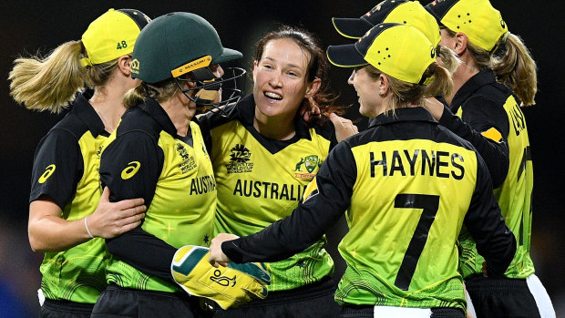Australia's women celebrate the wicket of Dane Van Niekirk en route to yet another T20 World Cup final.