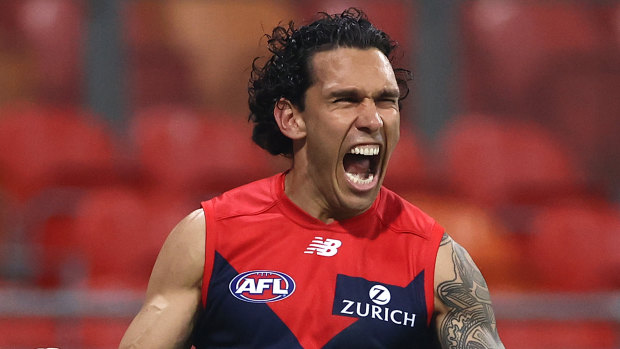 Harley Bennell celebrates a goal earlier this season. 