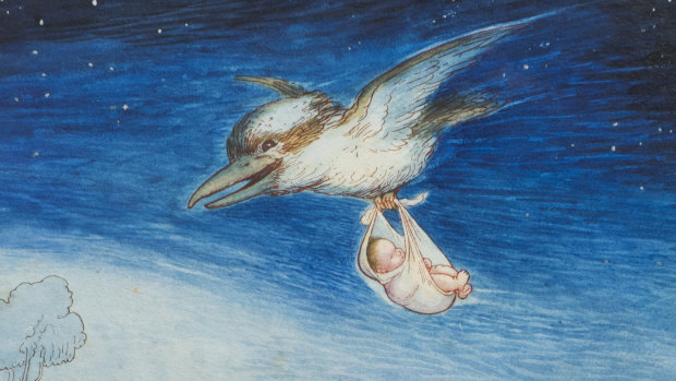 The May Gibbs painting shows a kookaburra carrying a baby in a sling. 