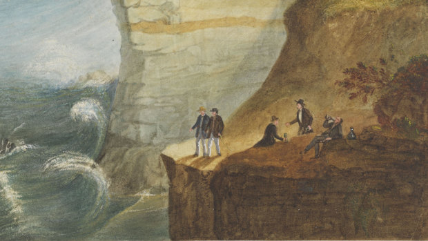 "Macquarie's Lighthouse Looking South" by Jacob Janssen in 1853.  Unlike other artists, he showed the public enjoying themselves, such as the man swigging on a bottle. 