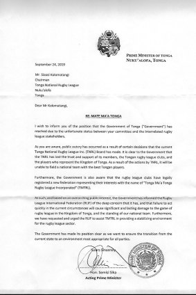The letter from Acting Tonga Prime Minister Semisi Sika to TNRL chairman George Kolomatangi.