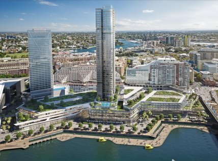 A design of the planned redevelopment of the Harbourside Shopping Centre included in the most recent concept proposal for the Darling Harbour site. The 166-metre tower is in the centre, while the existing Sofitel hotel is to the left.