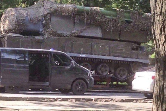 A Russian Buk-Telar missile launching system probably taken to the town of Makeevka, Ukraine, on July 17, 2014.