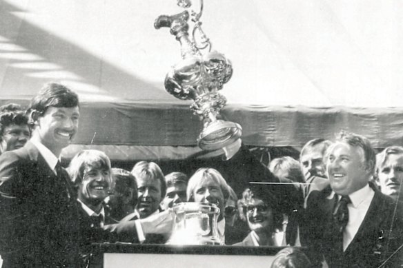 A jubilant John Bertrand and Alan Bond wrest the America’s Cup from the New York Yacht Club in 1983.