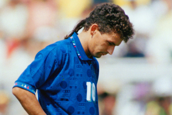 Devastation for Roberto Baggio, who missed a critical World Cup final penalty against Brazil in 1994.