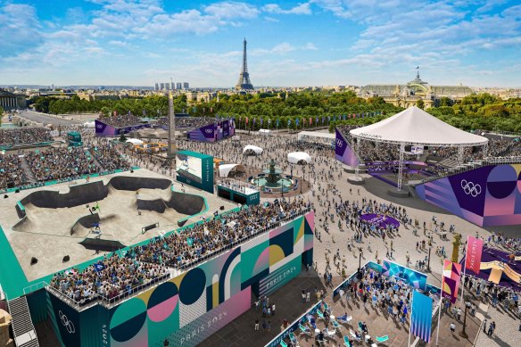 An artist impression of the Parc Urbain la Concorde pop-up at Place de la Concorde.