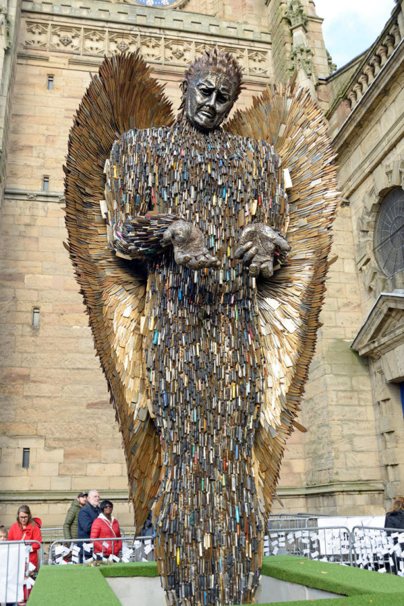 Britain’s Knife Angel sculpture, which is made from 100,000 surrendered or seized knives.
