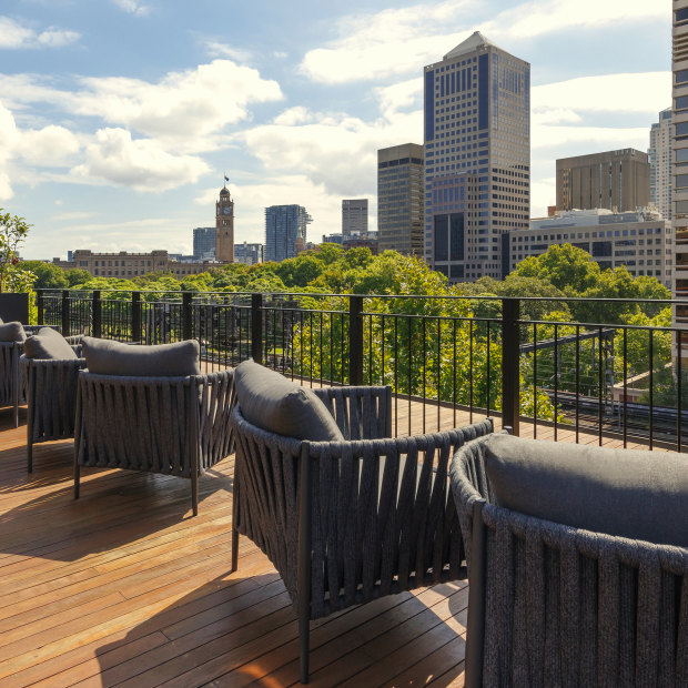 City skyline views from the rooftop lounge area at 202 Elizabeth.