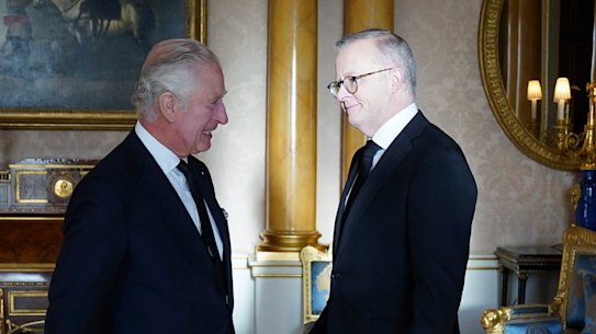 King Charles III with Anthony Albanese in Buckingham Palace. 