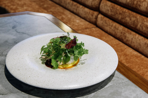 Sand crab salad with espelette mayonnaise and a saffron rouille.