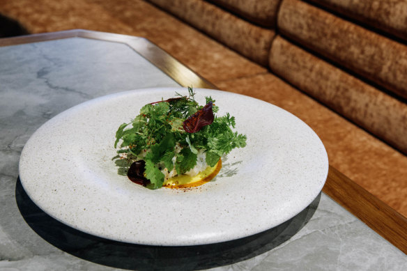 Sand crab salad with espelette mayonnaise and a saffron rouille.