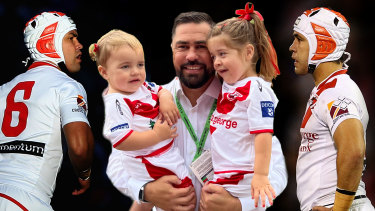 Jamie Soward as a player with the Dragons (left and right) and Jamie Soward the coach with his daughters Ivy and Indiana.