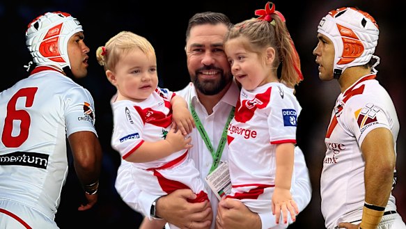 Jamie Soward as a player with the Dragons (left and right) and Jamie Soward the coach with his daughters Ivy and Indiana.