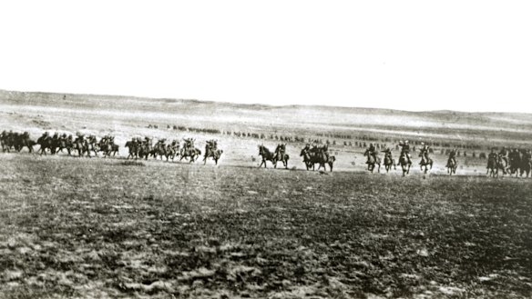 The charge of the 4th Australian Light Horse Brigade at Beersheba.  This photograph was once thought to be of the charge itself, but today is believed to be a reconstruction of the event filmed the next day. 