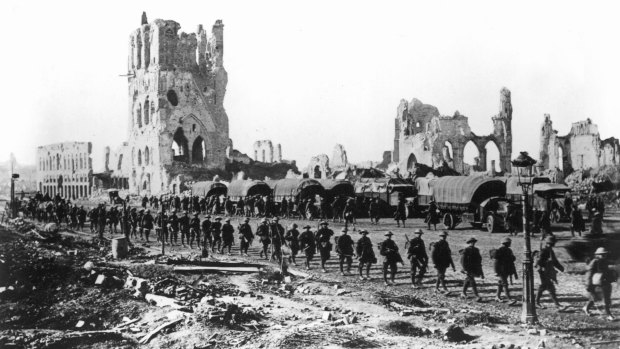 Australian troops on their way to positions at Ypres in Belgium, October 1917.