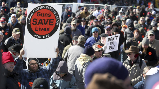 Gun-rights supporters pack the hill on Capitol Square as speakers talk in Richmond, Virginia. 