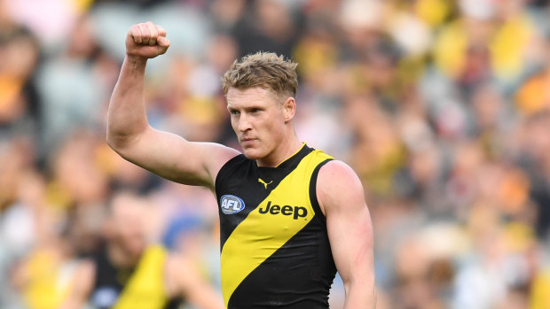Tiger Josh Caddy stepped up to kick six goals after forward Jack Riewoldt left the ground concussed. 