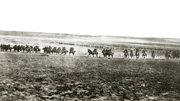 The charge of the 4th Australian Light Horse Brigade at Beersheba.  This photograph was once thought to be of the charge itself, but today is believed to be a reconstruction of the event filmed the next day. 