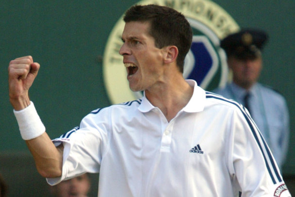 Tim Henman celebrates after a second round match win at Wimbledon in 2002. 