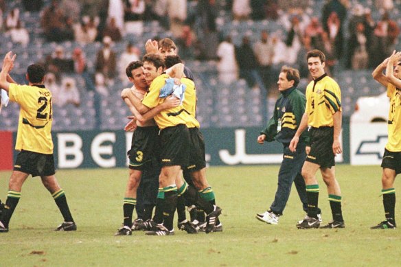 Australian players celebrate their victory against Uruguay in the semi-final of the Confederation Cup.