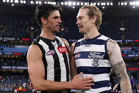 Two of modern footy’s great warriors: Collingwood champion Scott Pendlebury and Geelong star Tom Stewart.
