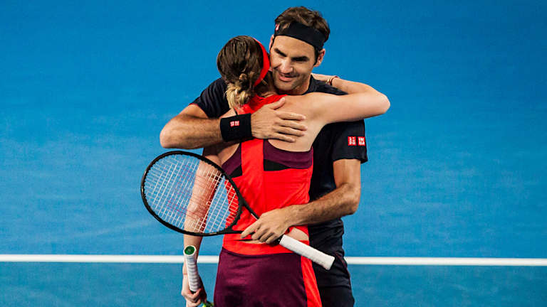 Belinda Bencic and Roger Federer, representing Switzerland, celebrate their mixed doubles win over Great Britain on day 2 of the Hopman Cup in Perth on Sunday.