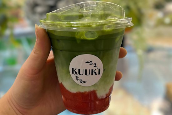 Iced strawberry matcha at Kuuki Cafe.