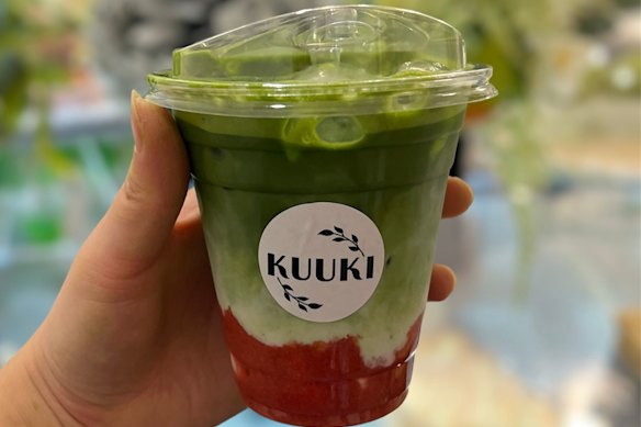 Iced strawberry matcha at Kuuki Cafe.