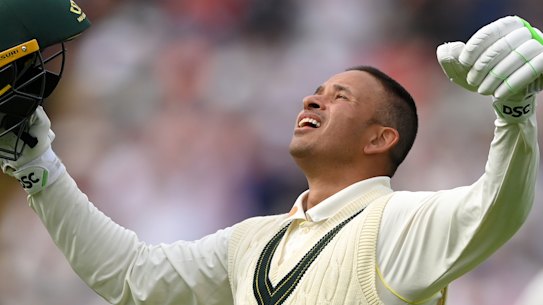 Khawaja celebrates his century on day two of the Ashes Test against England.