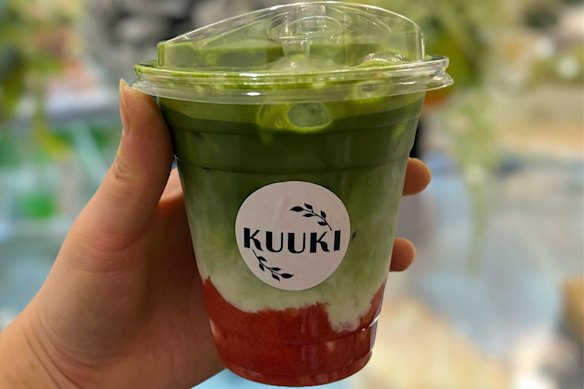 Iced strawberry matcha at Kuuki Cafe.